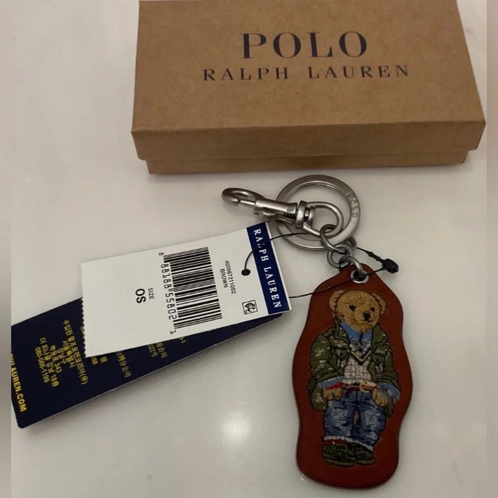 NEW Polo Ralph Lauren FIELD JACKET BEAR - LEATHER Key Ring Keychain - BROWN